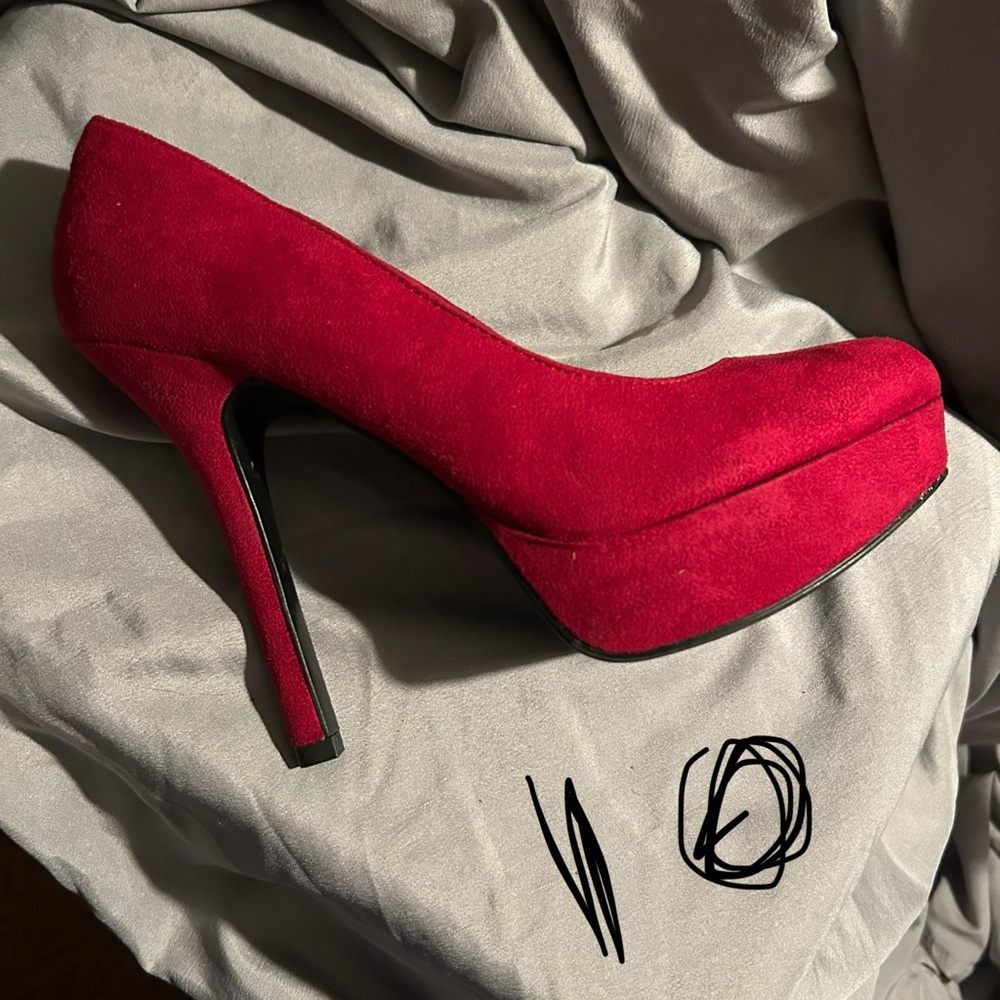 Red suede stiletto platforms